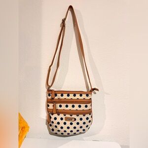 Rosetti Tan and Navy Polka Dot Crossbody Bag